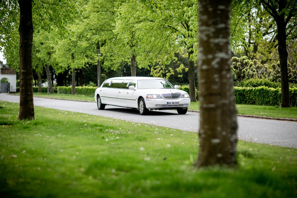 A sleek white limousine driving on a road with lush green trees in the background.