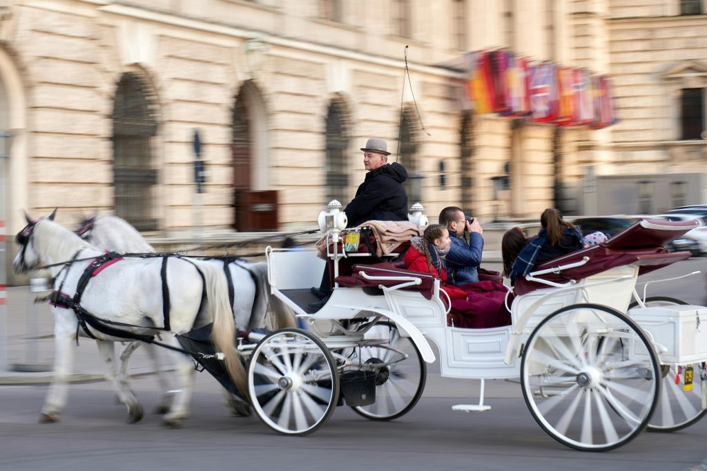 A horse-drawn carriage with tourists in Vienna, showcasing traditional urban transportation.